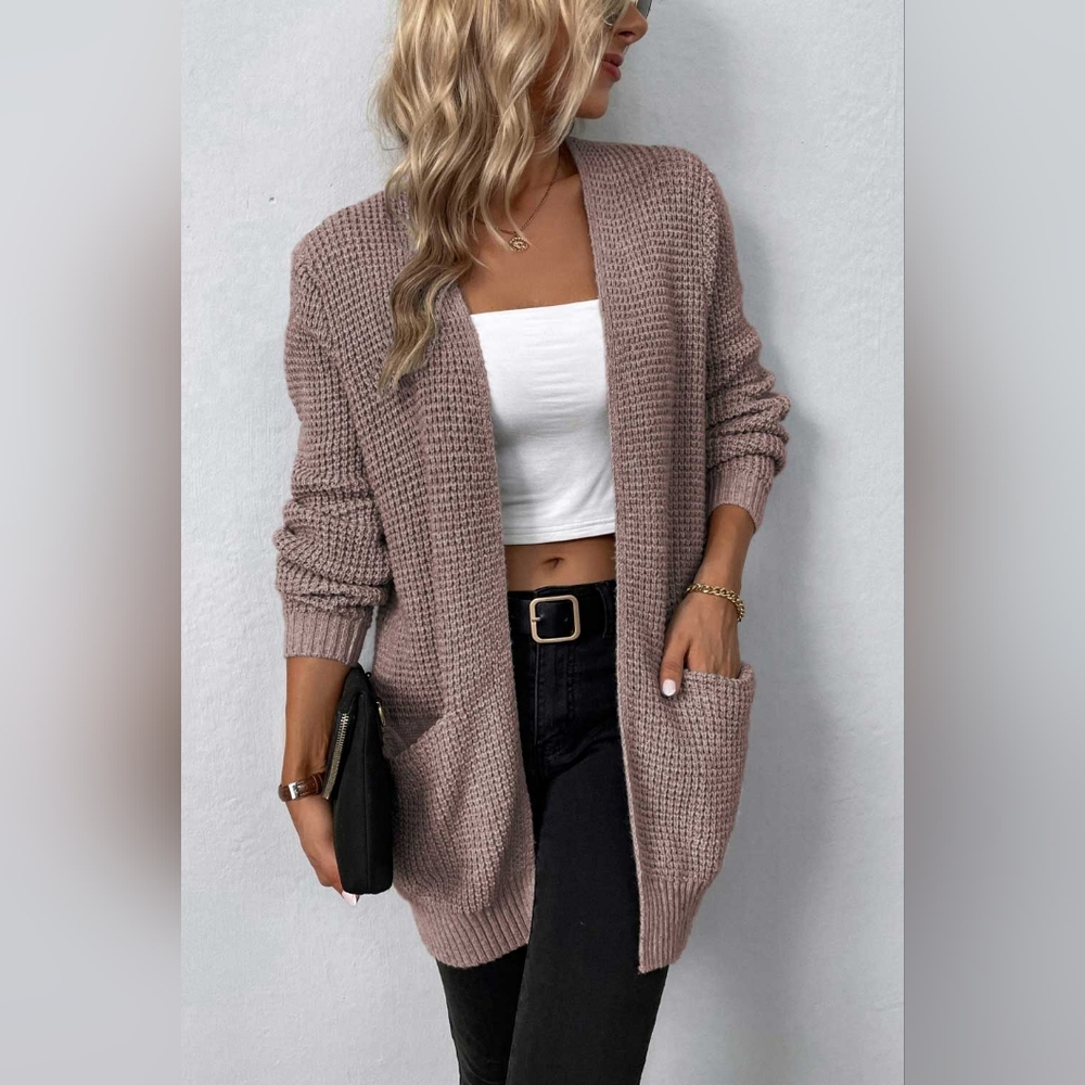 Rib-Knit Open Front Pocketed Cardigan - Picture 3 of 4
